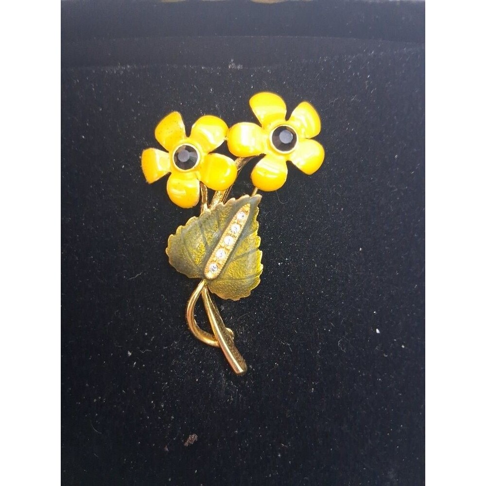 Joan Rivers Classics Collection Yellow Enamel Flower Rhinestone Leaf Brooch Pin